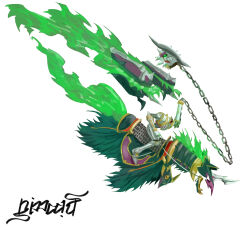  armor ball_and_chain_(weapon) coffin digimon digimon_(creature) digimon_card_game digimon_liberator disembodied_head dullahamon dullahan fire green_eyes green_fire highres horse horseback_riding knight nimadj riding spiked_ball_and_chain weapon white_armor 