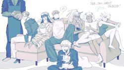  4boys 4girls apron arm_hair barefoot brief_(psg) chest_hair choker chuck_(psg) colored_skin cousins cracking_knuckles demon_horns english_text everyone fastener_(psg) food garterbelt_(psg) glasses hair_over_eyes hair_over_one_eye hat head_out_of_frame highres horns hugging_object klova_126 kneesocks_(psg) long_hair monochrome multiple_boys multiple_girls musical_note nightcap open_mouth pajamas pants panty_&amp;_stocking_with_garterbelt panty_(psg) pillow pillow_hug polyester_(psg) polyurethane_(psg) popcorn red_skin scanty_(psg) sharp_teeth shirt siblings simple_background single_horn sisters sitting smile socks spoken_musical_note stocking_(psg) t-shirt teeth whistling white_background 