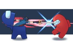  among_us attack blue_(among_us) blue_hair cape crewmate_(among_us) english_commentary fingerless_gloves fire_emblem_shadows flamingo_(eme324) full_body gloves hairband holding holding_sword holding_weapon impostor_(among_us) letterboxed marth_(fire_emblem) motion_lines murder red_(among_us) stab super_smash_bros. sword twitter_username weapon 