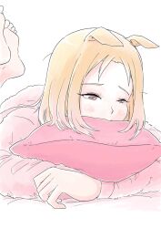  1girl animal_ears blonde_hair blush closed_mouth commentary ears_down gradient_eyes head_on_pillow highres holding holding_pillow horse_ears horse_girl long_sleeves lying multicolored_eyes narita_top_road_(umamusume) on_stomach pajamas pillow pink_pajamas short_hair simple_background solo symbol-only_commentary umamusume vent_arbre violet_eyes white_background 