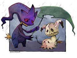 artist_name banette highres leaf_umbrella mimikyu no_humans outdoors pokemon pokemon_(creature) rain red_eyes sitting standing zipper zombiemancer 
