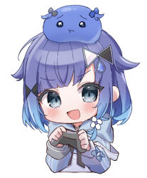  1girl blue_eyes blue_hair blue_hoodie blush chibi creature_on_head flower gradient_hair hair_flower hair_ornament highres holding hood hood_down hoodie looking_at_viewer multicolored_hair open_mouth simple_background solo tsumugi_kokage virtual_youtuber vspo! white_background yunagi_(yng_hoti) 