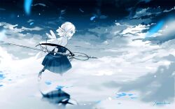  1boy blue_eyes clouds cloudy_sky day feathers final_fantasy final_fantasy_xiv medium_hair pointy_ears reflection reflective_water scenery sky solo walking walking_on_liquid water_world white_hair yabuka_shiwa 