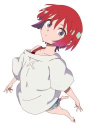  1girl amate_yuzuriha aqua_eyes bluearcadegames breasts closed_mouth cutoffs denim denim_shorts gundam gundam_gquuuuuux highres looking_at_viewer military_vehicle motor_vehicle red_hair shirt short_hair short_sleeves shorts simple_background solo tank white_background 