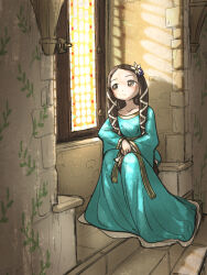  1girl aqua_dress belt blush brown_eyes brown_hair closed_mouth collarbone commentary dress english_commentary flora_sister_(ironlily) flower full_body hair_flower hair_ornament hair_ribbon highres indoors ironlily long_hair long_sidelocks looking_to_the_side medieval ordo_mediare_sisters_(ironlily) ribbon sidelocks sitting solo stained_glass sunlight tress_ribbon window_shadow 