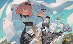  1boy 1girl alisaie_leveilleur alphinaud_leveilleur animal_ears apron back_bow basket bed_sheet black_bow black_bowtie black_dress blue_sky bow bowtie cat_ears cowboy_shot crossdressing crossdressing_(mtf) day dress earrings elezen elf eye_contact facial_mark fang final_fantasy final_fantasy_xiv frilled_dress frills hair_bow hair_ribbon highres holding holding_basket iiinarulil jewelry light_blush long_hair looking_at_another maid maid_headdress miqo&#039;te open_mouth outdoors pointy_ears ribbon skin_fang sky smile standing warrior_of_light_(ff14) white_apron white_hair wrist_cuffs yellow_eyes 