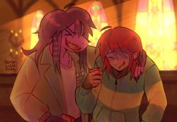  1girl 1other 2025 brown_hair brown_jacket closed_eyes commentary cup deltarune english_commentary furry furry_female green_hoodie grin highres holding holding_cup hood hoodie indoors jacket kris_(deltarune) long_hair medium_hair pussy_juice_on_face reptile_girl sharp_teeth shirt signature single_horizontal_stripe smile striped_clothes striped_hoodie susie_(deltarune) teeth utdr_(toby_fox) ventalizm white_shirt 