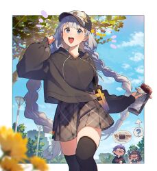  1boy 2girls ? ahoge arrow_(symbol) baseball_cap black_hoodie black_thighhighs blunt_bangs blurry blurry_foreground blush blush_stickers border braid brown_hair brown_skirt chibi commentary_request day drawstring flower food food_wrapper glasses grey_hair hat headgear highres holding holding_food hood hood_down hoodie kizuna_akari long_hair long_sleeves low_twin_braids multiple_girls opaque_glasses outdoors outside_border plaid_clothes plaid_skirt purple_hair shirinda_fureiru skirt solo_focus spoken_food sweatdrop thigh-highs touhoku_kiritan twin_braids very_long_hair vocaloid voiceroid white_border yellow_flower yuzuki_yukari's_younger_twin_brother zettai_ryouiki 