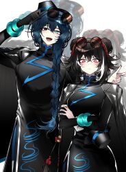  1boy 1girl :&lt; absurdres alternate_hairstyle black_coat black_dress black_eyes black_gloves black_hair black_hat blue_eyes braid brown-tinted_eyewear cherry_oux china_dress chinese_clothes cinq_association_east_uniform coat coat_on_shoulders crossed_arms double_bun dress earrings eyewear_on_head glasses gloves hair_bun hat heterochromia highres hong_lu_(project_moon) jade_bracelet jewelry jia_xichun_(project_moon) limbus_company long_hair long_sleeves looking_at_viewer multicolored_hair ofuda_earrings opaque_glasses open_mouth partially_opaque_glasses partially_opaque_sunglasses pink_eyes project_moon round_eyewear siblings simple_background single_earring single_glove standing streaked_hair sunglasses tilted_headwear tinted_eyewear twintails upper_body v white_background white_streaks 