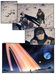  absurdres armor artist_name bulletproof_vest cape drop_pod footprints gun helldiver_(helldivers) helldivers_(series) highres looking_up mask moon multiple_boys nattartstudio planet planetary_ring rifle scope sky star_(sky) starry_sky walking weapon 