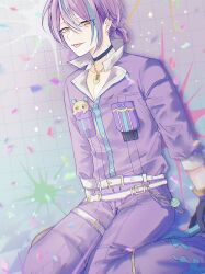  1boy :p belt_buckle black_choker black_gloves blue_hair breast_pocket buckle buttons choker commentary confetti deeper_and_deeper_(project_sekai) gloves hair_up highres jewelry kamishiro_rui looking_at_viewer male_focus multicolored_hair necklace official_alternate_costume official_alternate_hairstyle paint_splatter pants pocket ponytail project_sekai prskbread purple_hair purple_pants sitting snap-fit_buckle solo streaked_hair symbol-only_commentary thigh_strap three-quarter_sleeves tongue tongue_out two-tone_hair yellow_eyes 