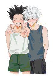 2boys absurdres api_(ppi_52) arm_around_shoulder black_eyes black_hair black_pants closed_mouth collarbone cropped_legs facing_viewer gon_freecss green_shorts grey_tank_top hand_in_pocket highres hunter_x_hunter killua_zoldyck light_smile looking_at_viewer male_focus multiple_boys pants short_hair shorts simple_background smile sparkle tank_top teeth twitter_username white_background white_hair white_tank_top 