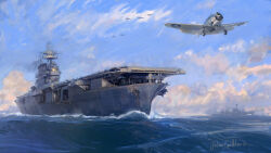  6+boys aircraft aircraft_carrier airplane anchor artist_name blue_sky clip_studio_paint_(medium) clouds cruiser day english_commentary f4f_wildcat highres julien_lepelletier landing_gear mast military military_uniform military_vehicle multiple_boys naval_uniform naval_working_uniform ocean original outdoors roundel sailing sbd_dauntless ship signature sky smokestack takeoff uss_enterprise_(cv-6) vehicle_focus warship watercraft waves world_war_ii 