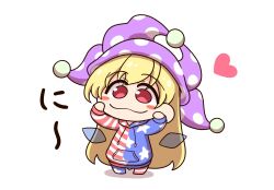  1girl adapted_costume american_flag american_flag_print blonde_hair blush_stickers chibi chibi_only closed_mouth clownpiece commentary_request fairy fairy_wings flag_print full_body hat heart highres hood hoodie jester_cap long_hair looking_at_viewer pink_eyes polka_dot polka_dot_headwear print_hood purple_hat shitacemayo simple_background smile solo star_(symbol) star_print striped_clothes striped_hoodie touhou translation_request very_long_hair white_background wings 