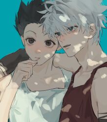  2boys api_(ppi_52) aqua_background arm_around_shoulder black_eyes black_hair blue_eyes candy food gon_freecss highres holding holding_candy holding_food holding_lollipop hunter_x_hunter killua_zoldyck lollipop male_focus multiple_boys red_tank_top short_hair simple_background tank_top upper_body white_hair white_tank_top 