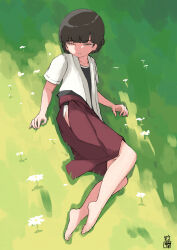  1girl absurdres barefoot black_eyes black_shirt blunt_bangs brown_eyes brown_hakama dougi full_body grass hakama hakama_skirt highres japanese_clothes kantai_collection kimono lying on_side open_clothes open_kimono shirt skirt solo toplow white_kimono yawata_maru_(kancolle) 