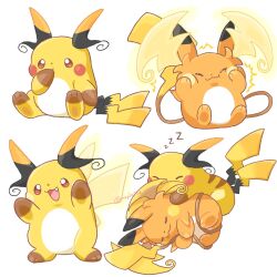  brown_eyes closed_eyes closed_mouth fang full_body hands_on_own_cheeks hands_on_own_face highres kana_(maple926) lying mega_pokemon mega_raichu_x mega_raichu_y multiple_tails no_humans on_side open_mouth orange_fur pokemon pokemon_(creature) pokemon_focus pokemon_legends:_z-a raichu sleeping smile tail very_long_ears very_long_tail yellow_fur zzz 
