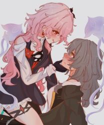  2girls :q ? asymmetrical_dress black_dress black_flower black_gloves black_jacket blush breasts closed_mouth dress earrings evernight_(honkai:_star_rail) flower flower_ornament girl_on_top gloves grey_hair hair_flower hair_ornament half-jacket hand_on_another&#039;s_chin highres honkai:_star_rail honkai_(series) jacket jellyfish jewelry licking_lips lipstick_mark long_hair long_sleeves march_7th_(honkai:_star_rail) messy_hair multiple_girls nose_blush official_alternate_eye_color pink_hair pucca_(pucpops) red_eyes shirt simple_background single_bare_shoulder smile stelle_(honkai:_star_rail) straddling sweat thigh_strap tongue tongue_out trailblazer_(honkai:_star_rail) upright_straddle wavy_hair white_background white_shirt yellow_eyes yuri 