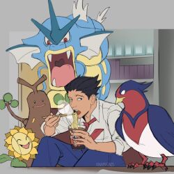  1boy :d ace_attorney artist_name black_eyes black_hair blue_pants chopsticks eating gyarados highres indoors karina_mata necktie pants phoenix_wright pokemon pokemon_(creature) ramen red_eyes red_necktie shirt smile spiky_hair steam sudowoodo sunflora swellow white_shirt 
