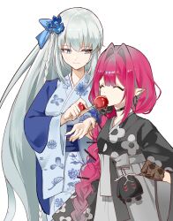  2girls absurdres baobhan_sith_(fate) baobhan_sith_(over_the_same_sky)_(fate) black_gloves black_kimono blue_eyes blue_kimono braid candy_apple cernunnos_(fate) choker closed_eyes eating fate/grand_order fate_(series) feeding floral_print food gloves highres hookyourist japanese_clothes kimono long_hair morgan_le_fay_(fate) morgan_le_fay_(fgo_fes._2023)_(fate) mother_and_daughter multiple_girls open_mouth pink_hair pointy_ears side_braid single_braid smile stuffed_toy white_hair 