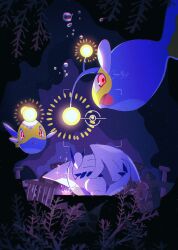  :o absurdres air_bubble animal_focus bioluminescence bubble column commentary_request fukkatsu_no_maya glowing highres lanturn lugia no_humans open_mouth pillar pokemon pokemon_(creature) pokemon_focus red_eyes ruins signature smile underwater 