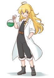  1girl :d ahoge alternate_costume ankle_boots belt belt_buckle black_boots black_pants black_shirt blonde_hair blush boots braid bright_pupils brown_belt buckle coat collarbone commentary_request commission dot_nose flask grin hand_in_pocket highres holding holding_flask kirisame_marisa lab_coat lapels long_hair looking_at_viewer mizusoba open_clothes open_coat pants round-bottom_flask scientist shirt simple_background single_braid skeb_commission sleeves_rolled_up smile solo split_mouth t-shirt touhou white_background white_coat white_pupils yellow_eyes 