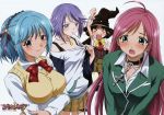  akashiya_moka blue_eyes blue_hair blush breast_envy brown_hair fang fangs group hat highres kurono_kurumu long_hair pink_hair ponytail purple_eyes purple_hair rosario+vampire school_uniform sendo_yukari sendou_yukari shirayuki_mizore short_hair witch 