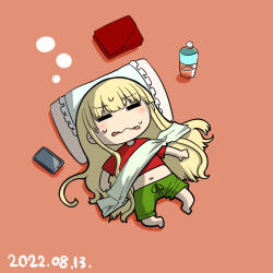  1girl =_= alternate_costume blonde_hair bottle cellphone closed_eyes commentary_request dated dreaming full_body green_shorts hair_down highres itini-sanshi long_hair navel open_mouth phone pillow red_shirt rozen_maiden shinku shirt shorts sidelocks sleeping smartphone solo very_long_hair water_bottle 