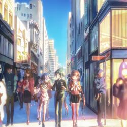  1girl 2boys ahoge aqua_eyes aqua_hair arm_belt belt black_boots black_jacket black_pants black_sailor_collar black_scarf black_shoes black_skirt blue_sky blunt_bangs boots bow bowtie breast_pocket brooch brown_hair building buttons checkered_clothes checkered_scarf cityscape clouds collared_jacket commentary crepe crest danganronpa_(series) danganronpa_v3:_killing_harmony day denim dot_nose double-breasted downturned_eyes dress_pants dress_shoes eating english_commentary faceless faceless_female faceless_male feeding flower flower_brooch food food_wrapper full_body hair_between_eyes hair_ornament hair_scrunchie happy harukawa_maki height_difference high_collar highres holding holding_crepe holding_food jacket jeans jewelry layered_sleeves long_hair long_sleeves low_twintails luclu03 miniskirt mole mole_under_eye multicolored_buttons multiple_belts multiple_boys oma_kokichi open_belt open_mouth outdoors pale_skin pants people pleated_skirt pocket purple_hair red_eyes red_scrunchie red_shirt red_thighhighs saihara_shuichi sailor_collar scarf scenery school_uniform scrunchie serafuku shade shirt shoes short_hair sign signpost skirt sky skyscraper sleeve_cuffs smile sunlight thigh-highs thigh_belt thigh_strap three-quarter_sleeves torn_clothes torn_jeans torn_pants twintails two-tone_scarf undershirt very_long_hair violet_eyes walking wavy_hair white_belt white_bow white_bowtie white_flower white_jacket white_pants white_scarf zettai_ryouiki 