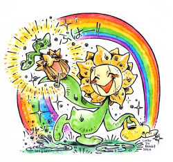  animal-shaped_watering_can artist_name blush closed_eyes evolutionary_line highres holding holding_watering_can luckyjorabbit no_humans open_mouth painting_(medium) pokemon pokemon_(creature) puddle rainbow sparkle sunflora sunkern traditional_media watercolor_(medium) watering_can 