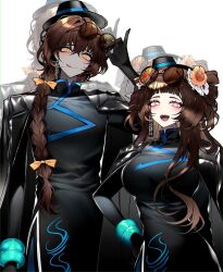  1boy 1girl :d :p absurdres alternate_hairstyle black_coat black_dress black_gloves black_hat bow breasts brown-tinted_eyewear brown_hair cherry_oux china_dress chinese_clothes cinq_association_east_uniform coat coat_on_shoulders colored_skin dress drill_hair earrings flower glasses gloves grey_skin hair_bow hair_flower hair_ornament hat highres jade_bracelet jewelry limbus_company long_hair long_sleeves looking_at_viewer ofuda_earrings opaque_glasses orange_bow partially_opaque_glasses partially_opaque_sunglasses pink_eyes project_moon round_eyewear siblings simple_background single_earring smile standing sunglasses tilted_headwear tinted_eyewear tongue tongue_out twin_drills upper_body white_background xue_baochai_(project_moon) xue_pan_(project_moon) yellow_eyes 