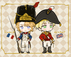  2boys axis_powers_hetalia bayonet bicorne black_hat blonde_hair blue_eyes blue_jacket blush boots chibi chibi_only cubed_(houkuaid) epaulettes facial_hair france_(hetalia) french_flag full_body gloves goatee_stubble green_eyes hat high_collar highres holding holding_weapon jacket long_sleeves looking_at_viewer male_focus medium_hair military_jacket military_uniform multiple_boys pants red_jacket short_hair smile standing stubble thick_eyebrows union_jack united_kingdom_(hetalia) weapon 