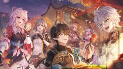  3boys 3girls absurdres antenna_hair architecture autumn_leaves azukimaru bare_shoulders black_gloves black_hair black_jacket black_shirt black_skirt black_tiara blue_eyes breasts bubble_tea building castorice_(honkai:_star_rail) chinese_clothes commentary_request cup dan_heng_(honkai:_star_rail) dan_heng_(permansor_terrae)_(honkai:_star_rail) disposable_cup dragon_boy dragon_horns dress drinking_straw east_asian_architecture eating food gloves grey_hair hair_between_eyes hair_ornament hair_ribbon highres holding holding_cup holding_food honkai:_star_rail honkai_(series) horns jacket leaf long_hair looking_at_another march_7th_(honkai:_star_rail) march_7th_(hunt)_(honkai:_star_rail) medium_breasts multicolored_eyes multiple_boys multiple_girls mydei_(honkai:_star_rail) night night_sky open_mouth outdoors phainon_(honkai:_star_rail) pink_eyes pink_hair pointy_ears purple_gloves purple_hair red_jacket ribbon shirt short_hair shuangyaji sitting skirt sky standing stelle_(honkai:_star_rail) tiara trailblazer_(honkai:_star_rail) two-tone_eyes very_long_hair violet_eyes white_dress white_hair white_shirt yellow_eyes yellow_horns 