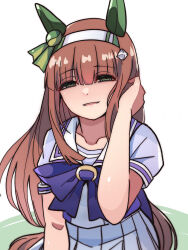  1girl animal_ears bow brown_hair collarbone grey_eyes hairband half-closed_eyes hand_up highres horse_ears horse_girl horse_tail kawamochi_(tddm3573) long_hair looking_at_viewer parted_lips pleated_skirt puffy_short_sleeves puffy_sleeves purple_bow purple_shirt school_uniform shirt short_sleeves silence_suzuka_(umamusume) skirt smile solo tail tracen_school_uniform umamusume very_long_hair white_background white_hairband white_skirt 