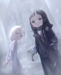  2girls absurdres black_hair broken_horn captaintcher coat dress flat_chest highres horns long_hair looking_at_viewer multiple_girls oni original robot science_fiction short_hair smile white_hair 