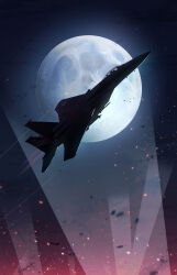  1boy absurdres ace_combat ace_combat_7 aim-9_sidewinder air-to-air_missile aircraft airplane backlighting claw_mark commentary_request contrail debris embers f-15_eagle fighter_jet helmet highres military_vehicle missile moon night night_sky onigiri_maru_(maruchosu) osean_flag outdoors pilot pilot_helmet roundel searchlight signature silhouette sin_lines sky solo star_(sky) trigger_(ace_combat) watermark 