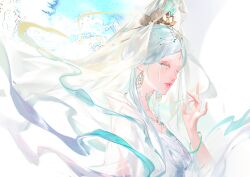  1girl abstract_background absurdres blue_eyes blue_hair chinese_commentary collarbone commentary dress du_ruo_(path_to_nowhere) earrings eyeshadow facial_hair facial_mark forehead forehead_jewel forehead_mark from_side green_shawl guanyin hair_ornament hairpin half-closed_eyes headpiece highres jade_bracelet jewelry lips lotus_hair_ornament makeup mudra multiple_hairpins parted_bangs parted_lips path_to_nowhere pearl_hair_ornament qingci red_eyeshadow see-through_clothes see-through_veil shawl solo upper_body variant_set veil white_dress 