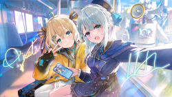  2girls :3 :d absurdres ahoge amagai_ruka appare_hinata beret blonde_hair blue_hair blue_hat blue_jacket blurry blurry_background buttons cellphone center-flap_bangs character_signature collared_shirt commentary_request day double-breasted double-parted_bangs earphones frilled_jacket frills gold_trim grey_hair hair_between_eyes hair_ornament hairclip hand_up hat head_tilt highres holding holding_phone jacket legs_together looking_at_viewer multicolored_hair multiple_girls official_art open_mouth phone plaid_clothes plaid_skirt pleated_skirt reaching reaching_towards_viewer shared_earphones shirt sitting skirt sleeves_past_wrists smartphone smile streaked_hair thigh-highs train_interior two_side_up v virtual_youtuber weather_planet white_shirt white_skirt white_thighhighs yellow_jacket you_shimizu 
