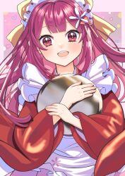  1girl absurdres apron bow frilled_apron frills hair_bow hair_ornament hakama hakama_skirt highres japanese_clothes kamikaze_(kancolle) kamikaze_(valentine)_(kancolle) kantai_collection kimono long_hair looking_at_viewer maid maid_apron maid_headdress meiji_schoolgirl_uniform neko_to_imo open_mouth pink_hakama purple_hair red_kimono skirt smile solo tray violet_eyes wa_maid white_apron yellow_bow 