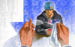  2boys ace_attorney apollo_justice:_ace_attorney article badge beanie black_eyes black_hair black_jacket button_badge card cleaning_eyewear closed_mouth cup dark-skinned_male dark_skin drinking_straw glasses hat highres holding holding_removed_eyewear hood hood_down hooded_jacket hoodie jacket jewelry kristoph_gavin locket long_sleeves looking_at_viewer male_focus multiple_boys napkin necklace necktie pendant phoenix_wright playing_card poker pov pov_hands reflection shirt short_hair sio2_(whynotkarma) smile suit table unworn_eyewear 
