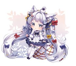 1girl absurdly_long_hair animal_ears artist_name black_bow black_bowtie black_ribbon black_shoes blue_bow blush border bow bowtie braid braided_sidelocks bright_pupils brown_background buttons cat_ears cat_girl colored_eyelashes commentary commission dress english_commentary frilled_dress frills full_body gold_trim gradient_background grey_background grey_bow grey_eyes hair_bow hair_intakes hair_ornament heart heart_hair_ornament highres leaf legs_together long_hair long_sleeves original outside_border parted_lips petticoat plaid_bow plaid_bowtie plaid_clothes plant puffy_long_sleeves puffy_sleeves quad_braids red_bow ribbed_thighhighs ribbon ribbon-trimmed_thighhighs ribbon_trim sasucchi95 shoes simple_background sitting solo thigh-highs twintails very_long_hair watermark white_bag white_border white_dress white_eyelashes white_hair white_pupils white_thighhighs yarn yarn_ball yellow_bow zettai_ryouiki 