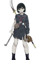  1girl absurdres bag black_serafuku black_skirt black_socks brown_eyes highres holding holding_lead_pipe lead_pipe looking_at_viewer momochi_(hana_tubakino) naginata pleated_skirt polearm school_bag school_uniform serafuku shimizu_hinako silent_hill_(series) silent_hill_f simple_background skirt socks torn_clothes torn_skirt weapon weapon_on_back white_background 