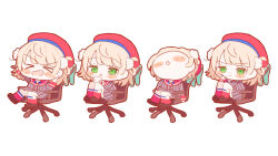  >_< 1girl :d beret black_shoes blonde_hair blush_stickers buttons chair chibi chibi_only chirogi coffee_mug commentary cup double-breasted feet_on_chair green_eyes grey_jacket grey_skirt hair_ornament hair_rings hat indie_virtual_youtuber jacket knees_up legwear_garter loafers long_sleeves miniskirt mug multiple_views necktie office_chair orange_necktie pinstripe_jacket pinstripe_pattern pinstripe_skirt pleated_skirt pom_pom_(clothes) pom_pom_hair_ornament red_hat red_sailor_collar red_socks sailor_collar school_uniform shigure_ui_(vtuber) shigure_ui_(vtuber)_(1st_costume) shoes short_hair side_up_ring simple_background skirt sleeve_cuffs smile socks swivel_chair virtual_youtuber white_background winter_uniform 