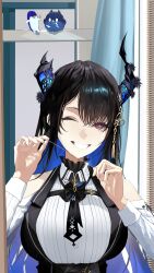  1girl absurdres asymmetrical_horns black_hair black_horns black_vest blue_hair breasts colored_inner_hair demon_horns dental_floss dress_shirt grin highres hololive hololive_english horns jailbird_(nerissa_ravencroft) large_breasts mirror multicolored_hair nerissa_ravencroft nerissa_ravencroft_(1st_costume) one_eye_closed reflection reflection_focus shirt smile teeth thekaiyip vest violet_eyes virtual_youtuber white_shirt 