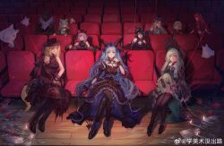 1boy 6+girls absurdres animal_ears arknights ave_mujica_(bang_dream!) bang_dream! bang_dream!_it&#039;s_mygo!!!!! bena_(arknights) black_bonnet black_boots black_dress black_hair black_hat black_pantyhose black_thighhighs blonde_hair blue_eyes blue_hair bonnet boots bow brown_hair candle candlestand commentary_request curled_horns dress extra_eyes furry furry_male green_hair hair_bow hair_ornament hat highres horns indoors iris_(arknights) lace-up_boots looking_at_another looking_at_viewer misumi_uika misumi_uika_(caged_singer) morpheus_(arknights) movie_theater multiple_girls pantyhose pink_eyes purple_hair red_hair sitting stuffed_animal stuffed_toy tail theater_seating thigh-highs togawa_sakiko togawa_sakiko_(master_of_melodia) vigna_(arknights) violet_eyes wakaba_mutsumi wakaba_mutsumi_(marionette&#039;s_id) watermark weibo_watermark wolfe_(arknights) wooden_floor xue_meishu_mei_chulu yahata_umiri yahata_umiri_(moonlight_executioner) yellow_eyes yuutenji_nyamu yuutenji_nyamu_(magician_of_passion) 