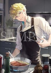  1boy apron black_apron blonde_hair bottle cabinet collared_shirt cooking cooking_pot copyright_notice counter cowboy_shot drawer faucet food frying_pan grin hair_between_eyes holding holding_tongs indoors kitchen looking_at_viewer male_focus mole mole_on_neck nijisanji nijisanji_en official_art otton oven pepper_shaker plate plate_stack sample_watermark shelf shirt short_hair sleeves_rolled_up smile solo sonny_brisko spring_onion standing steak steam stove tongs violet_eyes virtual_youtuber watermark wine_bottle 