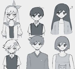  2girls 4boys :d ? antenna_hair arms_at_sides aubrey_(faraway)_(omori) aubrey_(omori) basil_(faraway)_(omori) basil_(omori) bow_hairband bright_pupils brother_and_sister brothers closed_mouth collarbone collared_shirt commentary_request cropped_torso double-parted_bangs expressionless flower frown grey_background greyscale hair_behind_ear hair_between_eyes hair_flower hair_ornament hairband hero_(faraway)_(omori) hero_(omori) highres jacket kel_(faraway)_(omori) kel_(omori) long_hair long_sleeves looking_at_viewer mari_(faraway)_(omori) mari_(omori) monochrome multiple_boys multiple_girls omori open_clothes open_jacket open_mouth raised_inner_eyebrows sailor_collar shirt short-sleeved_jacket short_hair short_sleeves siblings simple_background smile straight-on straight_hair sunny_(omori) sweater sweater_vest tank_top true_erg tsurime upper_body v-neck very_long_hair very_short_hair 