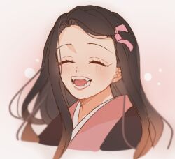 0_ebj 1girl ^_^ black_hair black_haori blush closed_eyes commentary_request cropped_shoulders fangs hair_ribbon haori japanese_clothes kamado_nezuko kimetsu_no_yaiba kimono long_hair open_mouth pink_kimono pink_ribbon ribbon smile solo swept_bangs teeth 