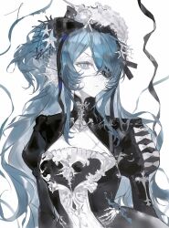  1girl absurdres black_dress black_ribbon blue_eyes blue_hair blue_ribbon breasts cleavage_cutout clothing_cutout dress eyepatch fins hair_ornament hair_ribbon head_fins heilanshuimuchu highres juliet_sleeves long_hair long_sleeves looking_at_viewer monster_girl one_eye_covered original puffy_sleeves ribbon simple_background solo upper_body white_background 