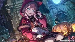  1girl alternate_costume bang_dream! basket blue_eyes dress flower food fruit grapes graveyard halloween_costume highres hood long_hair looking_at_viewer moon nail_polish night night_sky official_alternate_costume official_art outdoors pink_hair pumpkin red_dress shadow silk sitting sky solo spider_web tamade_chiyu teeth tree upper_teeth_only wolf 